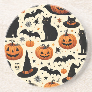 Halloween-Themed Black Cat and Pumpkin Pattern Coaster