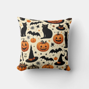 Halloween-Themed Black Cat and Pumpkin Pattern Cushion