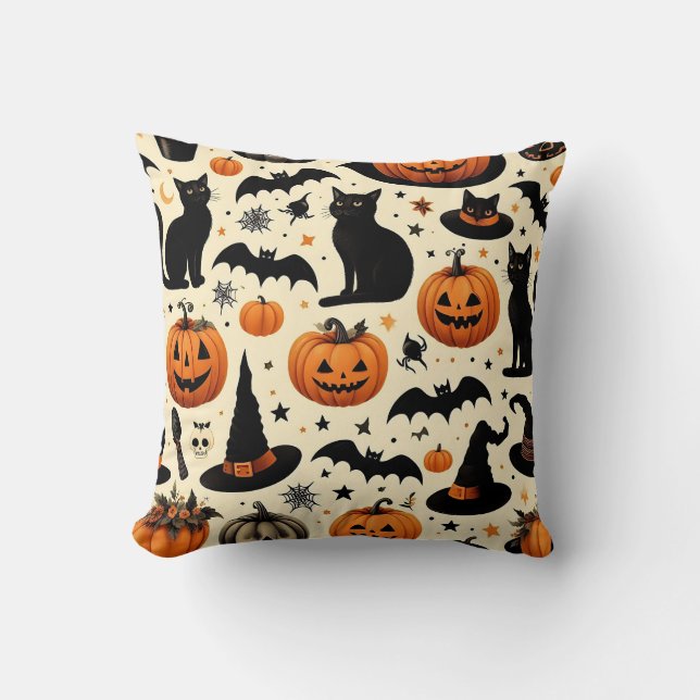 Halloween-Themed Black Cat and Pumpkin Pattern Cushion (Front)