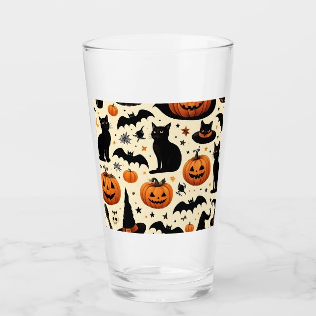 Halloween-Themed Black Cat and Pumpkin Pattern Glass (Front)