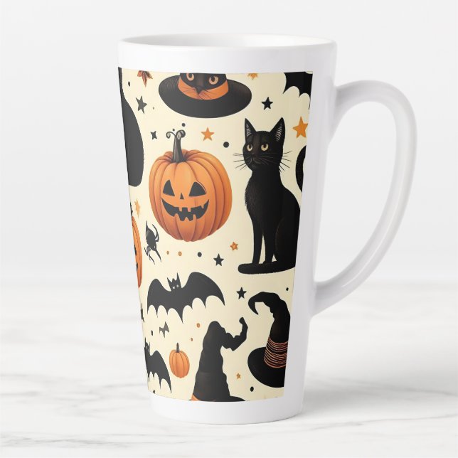 Halloween-Themed Black Cat and Pumpkin Pattern Latte Mug (Right)