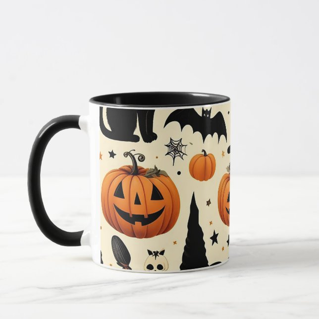 Halloween-Themed Black Cat and Pumpkin Pattern Mug (Left)