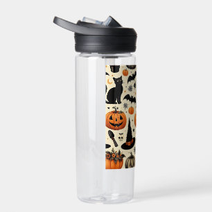Halloween-Themed Black Cat and Pumpkin Pattern Water Bottle