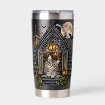 HALLOWEEN THEMED BROWN TABBY CAT IN WINDOW