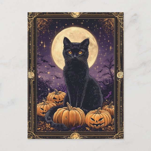 Halloween themed tarot card with a black cat (Front)