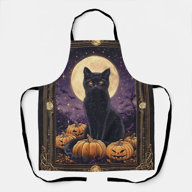 Halloween themed tarot card with a black cat apron (Front)