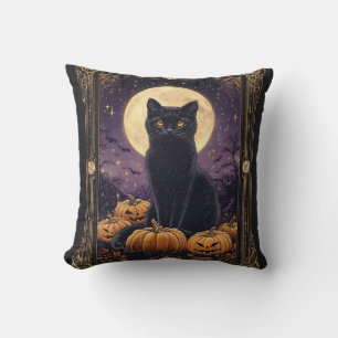 Halloween themed tarot card with a black cat cushion