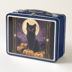 Halloween themed tarot card with a black cat metal lunch box