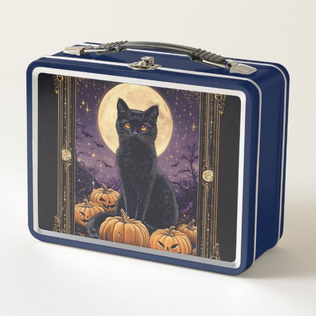 Halloween themed tarot card with a black cat metal lunch box (Front)