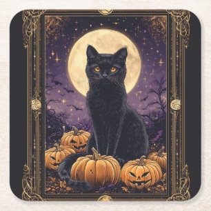 Halloween themed tarot card with a black cat square paper coaster