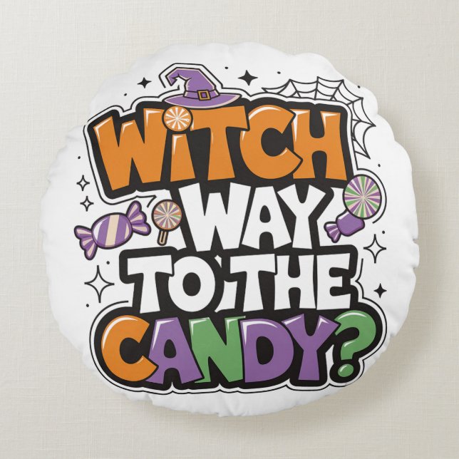 Halloween Throw Pillow – Witch Way to the Candy? (Front)