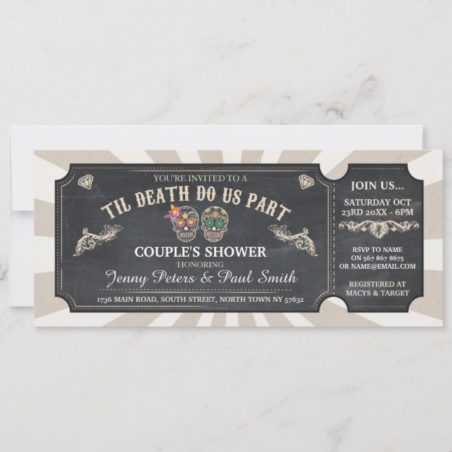Halloween Ticket Couple's Shower Sugar Skulls Invitation (Front)