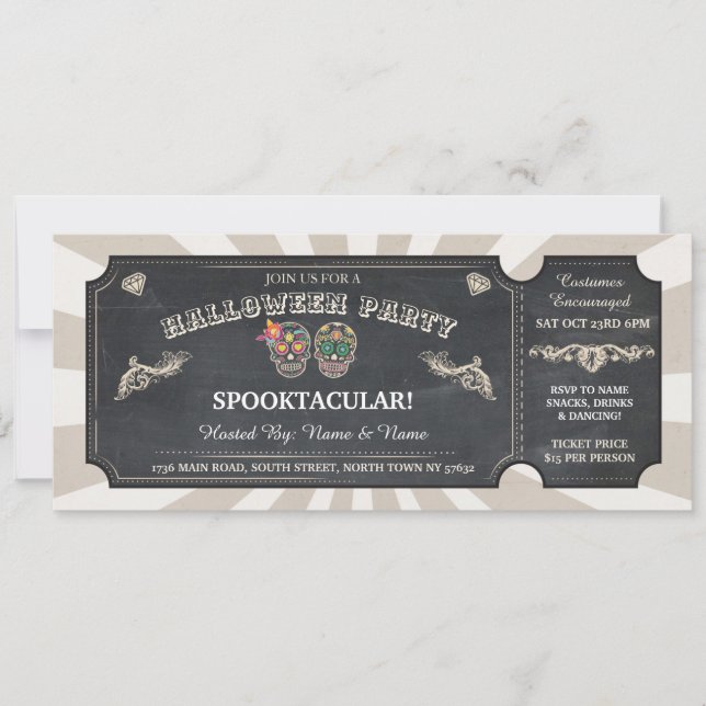 Halloween Ticket Sugar Skulls Party Spooky Event Invitation (Front)