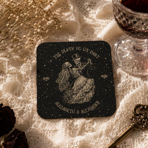 Halloween Till Death Do Us Part Gothic Black Square Paper Coaster