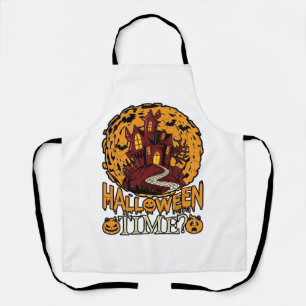 Halloween Time Haunted House Full Moon Pumpkins Apron