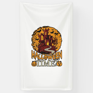 Halloween Time Haunted House Full Moon Pumpkins Banner