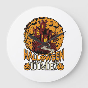 Halloween Time Haunted House Full Moon Pumpkins Large Clock