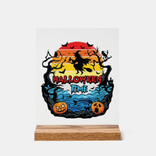 Halloween Time Witch Pumpkins Bats Sunset_1 Acrylic Sign