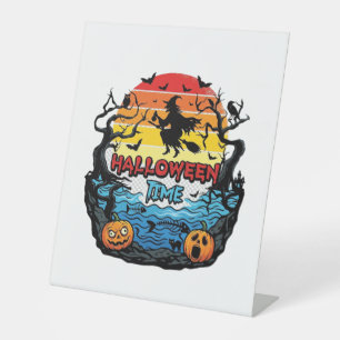 Halloween Time Witch Pumpkins Bats Sunset_1 Pedestal Sign
