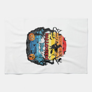 Halloween Time Witch Pumpkins Bats Sunset_1 Tea Towel