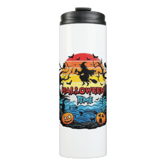 Halloween Time Witch Pumpkins Bats Sunset_1 Thermal Tumbler