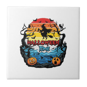 Halloween Time Witch Pumpkins Bats Sunset_1 Tile