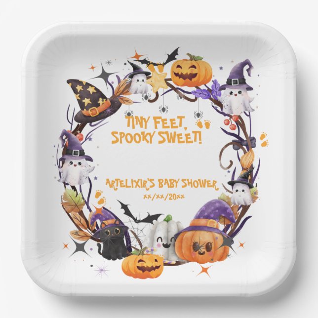 Halloween Tiny Feet, Spooky Sweet Baby Shower  Paper Plate (Front)