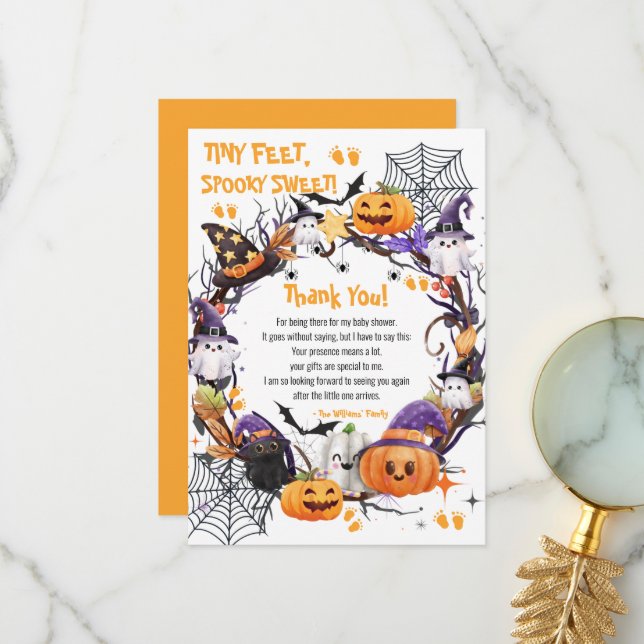 Halloween Tiny Feet, Spooky Sweet Baby Shower Thank You Card (Front/Back In Situ)