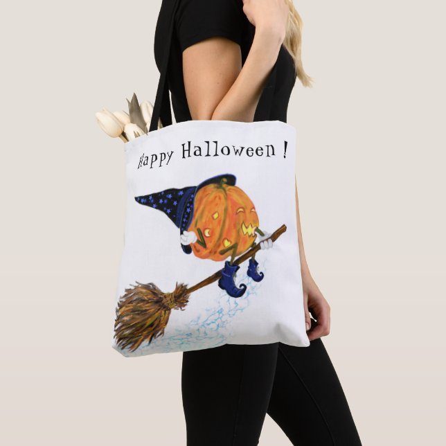 Halloween Tote Bag Witch Pumpkin Flying Broom (Close Up)