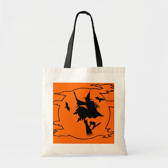 Halloween tote bag with witch on broom design (Front)