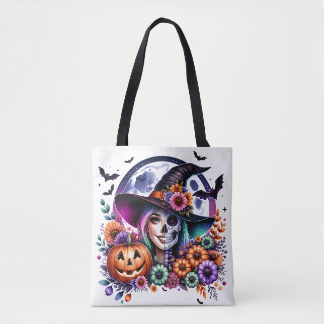 Halloween Tote with Witch and Skeleton Bag (Front)