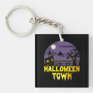 Halloween Town Full Moon Scene with Haunted House Key Ring