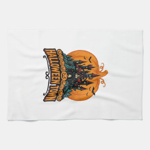 Halloween Town Vintage Haunted Castle Pumpkin Desi Tea Towel