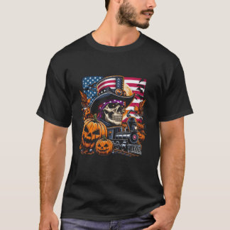 Halloween Train and Skull With Pumpkin American Fl T-Shirt