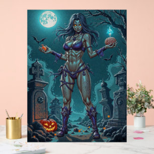 Halloween Treat or Zombie Girlfriend w Brains Acrylic Sign