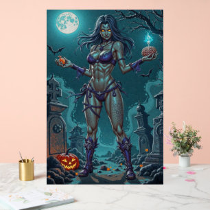 Halloween Treat or Zombie Girlfriend w Brains Acrylic Sign