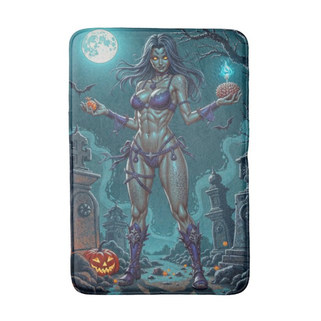 Halloween Treat or Zombie Girlfriend w Brains Bath Mat (Front Vertical)