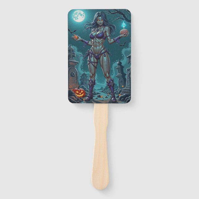 Halloween Treat or Zombie Girlfriend w Brains Hand Fan (Front)