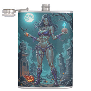 Halloween Treat or Zombie Girlfriend w Brains Hip Flask