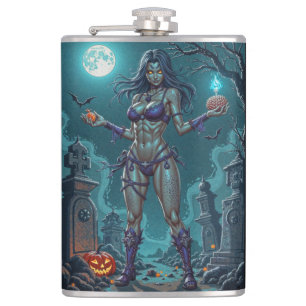 Halloween Treat or Zombie Girlfriend w Brains Hip Flask