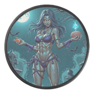 Halloween Treat or Zombie Girlfriend w Brains Hockey Puck