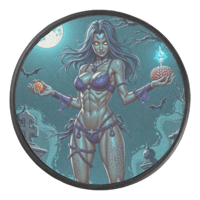 Halloween Treat or Zombie Girlfriend w Brains Hockey Puck (Front)