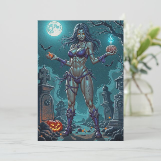 Halloween Treat or Zombie Girlfriend w Brains Invitation (Standing Front)