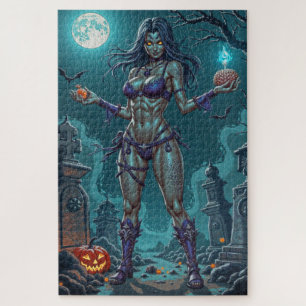 Halloween Treat or Zombie Girlfriend w Brains Jigsaw Puzzle