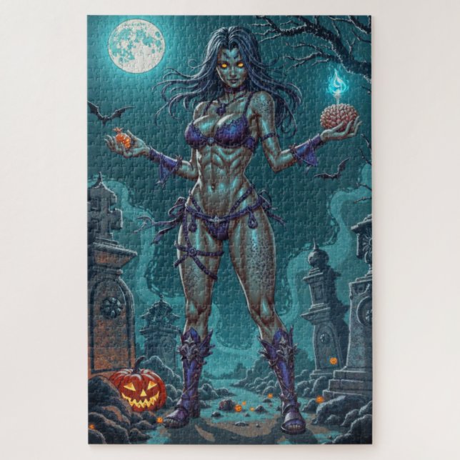Halloween Treat or Zombie Girlfriend w Brains Jigsaw Puzzle (Vertical)