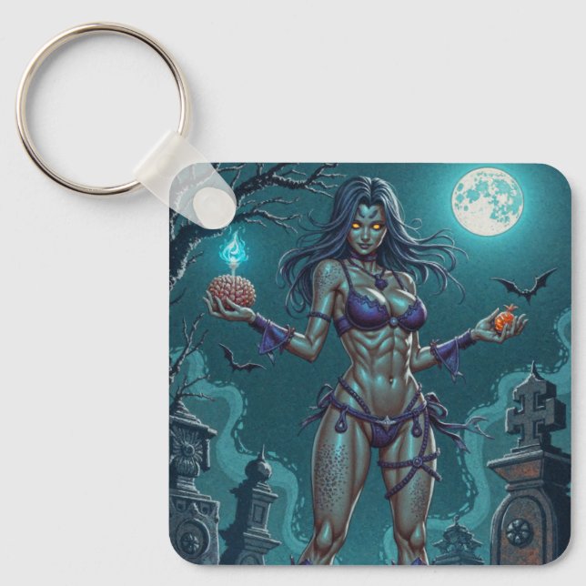 Halloween Treat or Zombie Girlfriend w Brains Key Ring (Front)