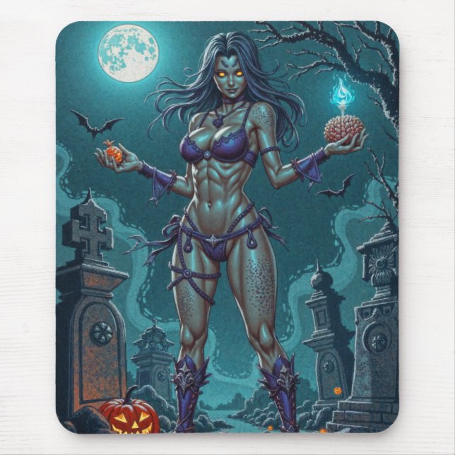 Halloween Treat or Zombie Girlfriend w Brains Mouse Mat (Front)