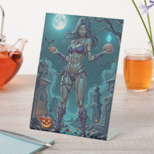 Halloween Treat or Zombie Girlfriend w Brains Pedestal Sign