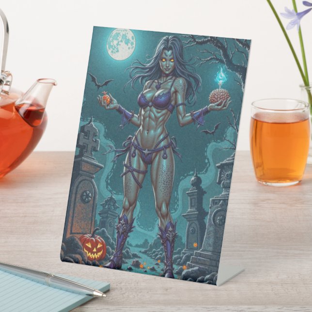 Halloween Treat or Zombie Girlfriend w Brains Pedestal Sign (In SItu)