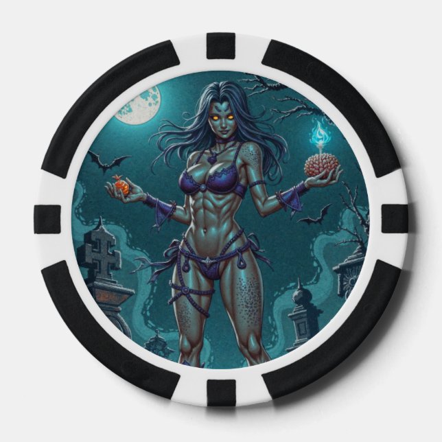 Halloween Treat or Zombie Girlfriend w Brains Poker Chips (Front)
